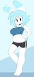 3_toes anthro blue_hair bottomwear breasts clothing crop_top feet female hair hand_on_hip hotpants navel shirt shorts simple_background small_waist solo tank_top toes topwear angstrom molly_(angstrom) lagomorph leporid mammal rabbit 2023 blue_theme cool_colors digital_media_(artwork) hi_res