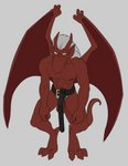 absurd_res anthro athletic athletic_anthro athletic_male balls belt brooklyn_(gargoyles) digitigrade disney gargoyle gargoyles genitals grey_background hair hi_res looking_at_viewer male mostly_nude nipples pubes red_body scalie simple_background smagma solo white_hair wings