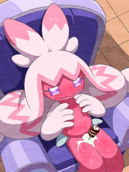 armchair belly chair dessert embarrassed eyelashes female flat_chested food furniture hair nude nude_female nude_humanoid pink_body pink_hair purple_eyes sitting solo text pocklekorpokkur nintendo pokemon generation_9_pokemon humanoid pokemon_(species) tinkaton 2026 3:4 translation_request