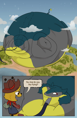 anthro belly big_belly cartoon_logic claws duo expansion flying fur green_body green_fur grey_body grey_fur hose hose_inflation inflation liquid_inflation macro male overweight paws red_eyes smile smirk tail tail_tuft text toony tube_bulge tuft yellow_body yellow_fur littleredguy brom_(sahurus) arthropod bee hymenopteran insect sergal absurd_res comic english_text hi_res