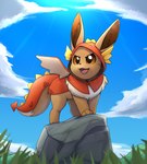 2022 ambiguous_gender clothing cloud costume daww digital_media_(artwork) dragon_costume eevee feral generation_1_pokemon grass hi_res nintendo open_mouth otakuap outside paws plant pokemon pokemon_(species) rock solo