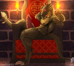 anthro chair draconic_genitalia furniture genitals inviting inviting_viewer male muscular nipples penis ridges sitting solo stone_wall tail throne torch wall_(structure) iudicium86 jackie_chan_adventures mythology shendu dragon mythological_creature mythological_scalie scalie hi_res