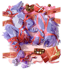 ambiguous_gender anthro arms_tied bdsm black_pawpads blue_eyes bodily_fluids bondage bound bow_ribbon box_of_chocolates butt candy chocolate claws dessert ear_piercing fluffy fluffy_tail food frown fur gift grey_body grey_fur heart_eyes heart_symbol inner_ear_fluff legs_tied lying on_side pawpads paws piercing red_ribbon ribbon_bondage ribbon_muzzle ribbons scowl solo sweat sweatdrop tail tuft wrapped_up asagi157 canid canine canis mammal wolf hi_res