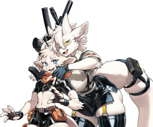 accessory anthro bag bulge clothing duo eyewear female femboy fingerless_gloves fur furgonomics glasses gloves gun handwear horn kemono leather leather_clothing male ranged_weapon simple_background size_difference square_crossover submachine_gun tail tail_accessory tail_bag weapon white_background telson mythology dragontim_(character) dragon furred_dragon furred_scalie mythological_creature mythological_scalie scalie hi_res