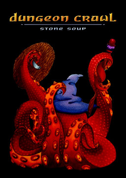 ambiguous_gender clothing hat headgear headwear holding_object holding_shield holding_staff magic_user shield solo staff text title_screen wizard_hat anonymous_artist dungeon_crawl_stone_soup octopod english_text