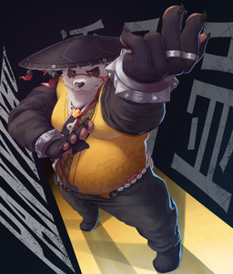 anthro belly big_belly black_body black_nose bottomwear clothing eyewear glasses hat headgear headwear humanoid_hands kemono male moobs overweight overweight_male pants solo standing white_body guadr pan_yin_hu bear giant_panda mammal 2025 absurd_res hi_res