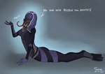 anthro barbed_tongue clothing environmental_suit female long_tongue mask solo spiked_tongue suit text thick_thighs tongue gamal bioware electronic_arts mass_effect tali'zorah alien quarian english_text hi_res