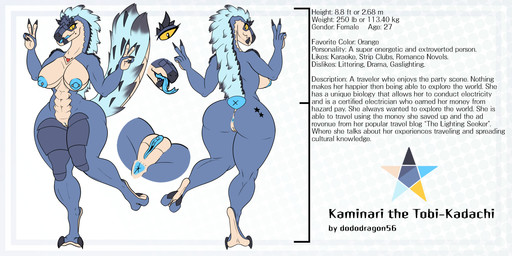 anthro anus beak beak_closed blue_body breasts claws digitigrade female fur genitals mouth_closed nipple_piercing nipples non-mammal_breasts non-mammal_hair non-mammal_nipples non-mammal_vulva nude open_beak open_mouth piercing smile solo text tongue tongue_out vulva yellow_eyes dododragon56 capcom monster_hunter kaminari_the_tobi_kadachi fanged_wyvern reptile scalie tobi-kadachi english_text hi_res model_sheet