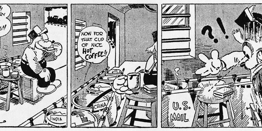 anthro beverage bottomwear clothed clothing coffee dialogue exclamation_point fingers food footwear gloves handwear open_mouth question_mark sandwich_(food) surprised text tongue train vehicle floyd_gottfredson hardie_gramatky jack_king disney public_domain mickey_mouse canid canine canis domestic_dog mammal mouse murid murine rodent 1930 20th_century absurd_res ancient_art black_and_white comic dated english_text hi_res monochrome