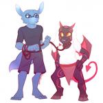 anthro bottomwear clothing duo eyewear glasses humanoid_face leash loincloth male shorts sleeveless_clothing tongue wings shellsweet demon imp kobold scalie 1:1 absurd_res hi_res