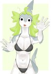 5_fingers anthro big_breasts bikini bikini_bottom bikini_top black_bikini black_bikini_bottom black_bikini_top black_clothing black_swimwear blep breasts cat_pepper cleavage clothed clothing countershade_hands countershading digital_media_(artwork) eyelashes female fin fingers fish front_view fur gesture green_hair grey_body grey_skin hair hi_res humanoid_hands long_neck looking_at_viewer marine midriff multicolored_body navel notched_fin red_tongue roji_(cat_pepper) shark simple_background smile solo swimwear tail tongue tongue_out topwear two_tone_body white_body white_palms white_skin