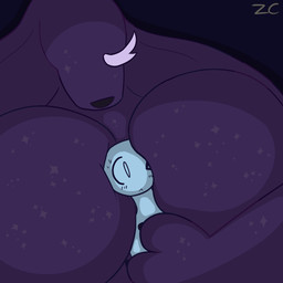 anthro between_breasts big_breasts blush breast_squish breasts curvy_figure duo female hug huge_breasts macro male male/female purple_body size_difference squish starry_body zerocloak lagomorph leporid mammal rabbit 1:1 hi_res