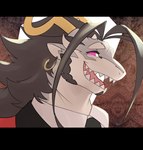 anthro black_hair ear_piercing ear_ring evil_face grin hair long_hair male necktie piercing pink_eyes ring_piercing sharp_teeth smile solo teeth manzanaringopai lifewonders mythology tokyo_afterschool_summoners fuxi_(tas) dragon mythological_creature mythological_scalie scalie bust_portrait hi_res portrait