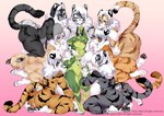 anthro antlers big_breasts big_butt breasts butt countershading featureless_breasts female fur green_body green_fur group hair horn looking_at_another nude simple_background surrounded tail text sirn_0121 natsu_(natsu_o3o) deer felid mammal pantherine tiger english_text hi_res