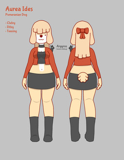 anthro bottomwear bow_ribbon choker clothing female hair hair_over_eyes jewelry markings mole_(marking) necklace skirt solo goldbowart aurea_ides canid canine canis domestic_dog mammal pomeranian spitz hi_res model_sheet