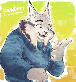 anthro blue_clothing blue_jacket blue_topwear clothing fangs jacket male red_nose simple_background solo teeth text topwear hisreralitlle disney zootopia pawbert_lynxley canada_lynx felid feline lynx mammal english_text low_res