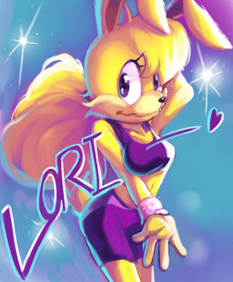 anthro black_nose blonde_hair breasts buckteeth clothed clothing female fur hair heart_symbol long_hair looking_at_viewer midriff navel shirt simple_background solo tank_top teeth topwear wristband yellow_body yellow_fur bbrangka epic_games jazz_jackrabbit_(series) lori_jackrabbit hare lagomorph leporid mammal 2012