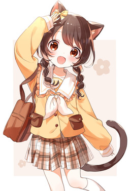 animal_ears bag blush bottomwear braided_hair brown_hair cat_tail clothed clothing cute_fangs fangs female footwear fully_clothed hair open_mouth shirt skirt socks solo teeth topwear white_clothing white_footwear white_socks yellow_clothing yellow_shirt yellow_topwear buchi_(y0u0ri_) animal_humanoid cat_humanoid felid felid_humanoid feline feline_humanoid humanoid mammal mammal_humanoid absurd_res hi_res portrait three-quarter_portrait