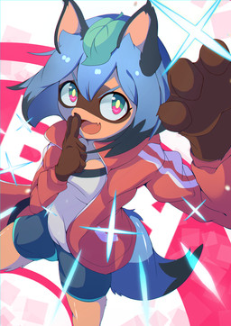 5_fingers anthro black_body black_fur black_hair blue_body blue_eyes blue_fur blue_hair brown_body brown_fur clothed clothing female fingers fluffy fluffy_tail fur hair jacket kemono looking_at_viewer multicolored_body multicolored_eyes multicolored_fur multicolored_hair open_mouth pink_eyes short_hair solo tail tanuki_leaf topwear natadeko_kitsune brand_new_animal netflix studio_trigger michiru_kagemori canid canine mammal raccoon_dog tanuki 2020 absurd_res hi_res portrait three-quarter_portrait