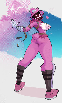 anthro areola big_breasts big_butt blush breasts butt eye_scar facial_scar female fingers fur genitals hood humanoid_genitalia mostly_nude nipples nude pink_areola pink_body pink_eyes pink_fur pink_nipples scar shadow_face simple_background smile solo tail text white_body white_fur 1danielscott epic_games fortnite raven_team_leader bear mammal english_text hi_res
