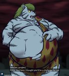 abdominal_bulge anthro belly big_belly blue_body blue_fur burping clothing fully_inside fur green_hair hair hand_on_belly male male_pred muscular muscular_male same_size_vore text torn_clothing vore yellow_sclera tanio yu_yu_hakusho byakko_(yu_yu_hakusho) demon felid mammal pantherine tiger english_text hi_res