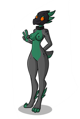 3_fingers 4_fingers ankle_tuft anthro breasts collar collar_only deuces_(gesture) digitigrade feather_hair feather_tuft feathered_crest feathers female fingers green_body green_feathers grey_body hand_behind_back head_crest leg_tuft nipples non-mammal_breasts nude orange_eyes pseudo_hair short_tail smile solo standing tail tuft bastiel halo_(series) microsoft xbox_game_studios hen'shiik alien avian kig-yar scalie t'vaoan 2020 absurd_res colored hi_res