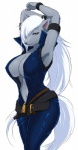 anthro belt big_breasts black_nose bodysuit breasts cleavage clothed clothing crossgender female hair hands_behind_head long_hair looking_at_viewer navel skinsuit solo tight_clothing unzipped white_hair zipper yaise pretty_cure smile_pretty_cure wolfrun canid canine canis mammal wolf