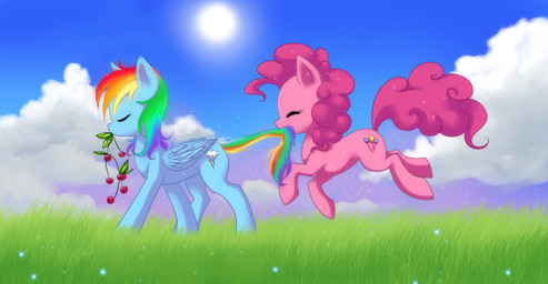 blue_body blue_feathers blue_fur cherry cloud cutie_mark duo eyes_closed feathered_wings feathers female feral food fruit fur grass hair multicolored_hair multicolored_tail nom outside pink_body pink_fur pink_hair plant rainbow_hair rainbow_tail sky sun tail wings silberhoernchen friendship_is_magic hasbro my_little_pony mythology pinkie_pie_(mlp) rainbow_dash_(mlp) earth_pony equid equine horse mammal mythological_creature mythological_equine pegasus pony absurd_res hi_res