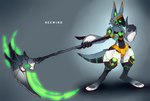 anthro energy_scythe energy_weapon holding_object holding_weapon looking_at_viewer machine male melee_weapon polearm scythe simple_background solo weapon rexwind kyanion protogen digital_media_(artwork) hi_res