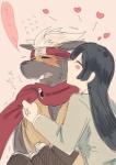 accessory anthro blush clothing duo embarrassed headband headgear headwear kissing male ninja text text_on_clothing text_on_headwear uniform warrior cheeseicebanana lifewonders tokyo_afterschool_summoners female_protagonist_(tas) protagonist_(tas) tadatomo_(tas) canid canine canis domestic_dog human mammal