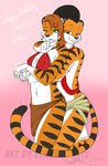 afro_puffs annoyed anthro black_hair duo female flirting_look fur green_eyes hair hand_on_chin hug hugging_another hugging_from_behind navel nipple_outline orange_hair red_eyes striped_body striped_fur stripes ethanqix draconia_chronicles ennek naisha_(razorfox) felid mammal pantherine tiger 2014 watermark