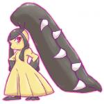 black_hair blush extra_mouth female hair hands_on_hips not_furry red_eyes sharp_teeth simple_background solo standing teeth white_background chiji nintendo pokemon generation_3_pokemon humanoid mawile pokemon_(species) 1:1 full-length_portrait portrait