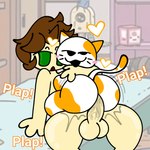 anthro black_eyes calico_cat domestic_cat duo felid feline felis female green_eyes heart_symbol hi_res human human_on_anthro interspecies irl_(skeletonhearts) klepta_(skeletonhearts) kleptocats male male/female mammal plap screencap screencap_background sex short_stack skeletonhearts