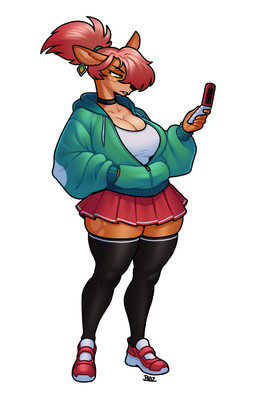anthro big_breasts bottomwear breasts brown_body cellphone choker clothing collarbone ear_piercing electronics eyebrows eyelashes female flip_phone footwear green_eyes hair hand_in_pocket hoodie jewelry legwear long_eyelashes necklace phone piercing pockets ponytail red_hair shoes skirt solo spots spotted_face spotted_legs spotted_thighs thigh_highs topwear wide_hips blazbaros eleanor_(amber-calliope) deer mammal 2025 9:14 hi_res