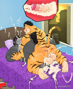 4_toes 5_toes anal anal_penetration anthro anthro_on_anthro backsack balls bed bedroom biceps big_balls bite biting_lip biting_own_lip blush bodily_fluids brown_body brown_fur brown_stripes building butt clenched_teeth clothing clothing_on_floor cum cum_everywhere cum_in_ass cum_in_foreskin cum_in_hair cum_inside cum_on_bed cum_on_belly cum_on_body cum_on_chest cum_on_face cum_on_feet cum_on_leg cum_on_sheets cum_on_tail cum_on_wall cum_splatter cumshot curling_toes day discarded_clothing duo ejaculation erection excessive_cum excessive_genital_fluids eyes_closed feet foreskin from_front_position fur furniture genital_fluids genitals grey_body grey_fur grin hair hand_holding headboard hindpaw house humanoid_genitalia humanoid_penis inside interlocked_fingers internal interspecies leaking_cum legs_up lips lying male male/male male_on_bottom male_on_top male_penetrated male_penetrating male_penetrating_male mating_press messy missionary_position multicolored_body multicolored_fur muscular muscular_male nude on_back on_bed on_bottom on_top orange_body orange_fur orgasm partially_retracted_foreskin paws penetration penis perineum pillow rear_view self_bite sex sky smile soles stripes sun sunset sweat tail teeth toes two_tone_body two_tone_fur underwear vein veiny_penis window lovkuma belzeber pander_(lostpander) bear felid mammal pantherine tiger 2015 digital_media_(artwork) hi_res