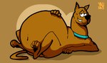 belly big_belly blue_collar brown_body brown_fur claws collar collar_only feral fur half-closed_eyes hand_on_belly huge_belly looking_at_viewer lying male morbidly_obese morbidly_obese_feral morbidly_obese_male mostly_nude narrowed_eyes nude obese obese_feral obese_male on_back overweight overweight_feral overweight_male paws smile smiling_at_viewer solo tail yauhasart hanna-barbera scooby-doo_(series) scooby-doo canid canine canis domestic_dog great_dane mammal mastiff molosser 2018 signature