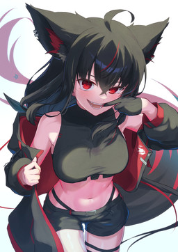 ahoge animal_ears bare_legs bare_shoulders belt bent_arm big_breasts black_bottomwear black_clothing black_crop_top black_gloves black_hair black_handwear black_jacket black_shirt black_shorts black_topwear blush bottomwear breasts clothed clothing collarbone crop_top ear_piercing ear_ring fangs female fluffy_ears glistening glistening_hair gloves hair hair_between_eyes handwear highlights_(coloring) jacket long_hair midriff navel open_clothing open_jacket open_mouth open_topwear piercing pulling_mouth red_eyes ring_piercing shirt shorts simple_background string_panties tail teeth thigh_strap topwear white_background kamkampan hololive vtuber kurokami_fubuki animal_humanoid canid canid_humanoid canine canine_humanoid fox_humanoid humanoid mammal mammal_humanoid hi_res