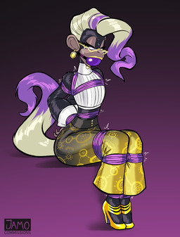 anthro ball_gag bdsm bodily_fluids bondage bound clothing cuffs_(clothing) ear_piercing ear_ring eyebrow_piercing eyewear facial_piercing female footwear gag glasses gradient_background high_heels legwear midriff pattern_clothing pattern_legwear piercing restraints ring_piercing rope rope_bondage shoes simple_background sitting solo sweat jamoart donkey_kong_(series) donkey_kong_bananza nintendo poppy_kong kong mammal primate absurd_res hi_res