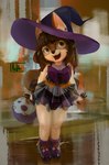 anthro candy_bucket clothed clothing diaper diaper_under_skirt female holidays open_mouth smile solo standing teeth toddler trick-or-treating wearing_diaper witch_costume young wob halloween wob_(character) canid canine canis coyote mammal absurd_res hi_res