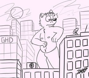 anthro belly building cloud eyebrows head_tuft inner_ear_fluff macro macro_anthro male navel nipples raised_arms raised_eyebrows simple_background slightly_chubby solo sun toony tuft window chadzadd zadd_(chadzadd) absurd_res hi_res monochrome signature