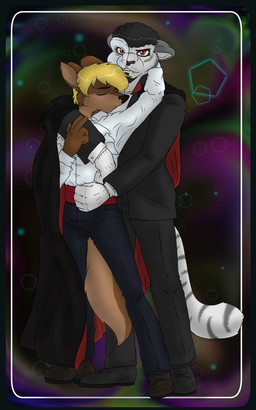 anthro duo eyes_closed fangs male male/male mask red_eyes teeth frozen_over the_phantom_of_the_opera borsig canid canine canis coyote felid mammal pantherine tiger vampire 2016 5:8 hi_res