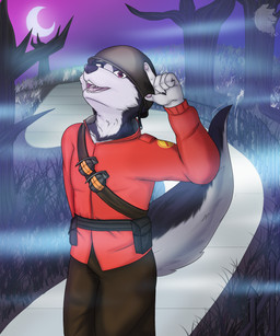 anthro clothed clothing cosplay dead_tree detailed_background explosives fog grenade looking_at_viewer male moon night open_mouth plant smile solo tree weapon conditional_dnp grinn3r team_fortress_2 valve valve_corporation aaron_mckay soldier_(team_fortress_2) canid canine canis domestic_dog husky mammal nordic_sled_dog spitz 2019 digital_media_(artwork) hi_res
