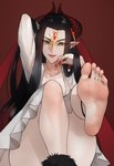 black_hair black_horn clothing colored_nails dress eyelashes feet female foot_focus forehead_gem gem hair horn humanoid_feet humanoid_pointy_ears light_body light_skin long_hair looking_at_viewer nails not_furry plantigrade pointy_ears red_background red_nails simple_background smile solo tan_body tan_skin thick_thighs white_clothing white_dress wide_hips scas thunderbolt_fantasy xing_hai horned_humanoid humanoid absurd_res hi_res