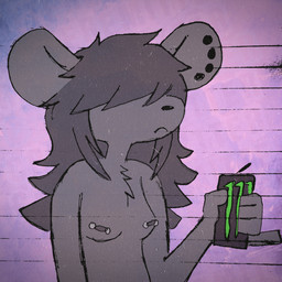 anthro barbell_piercing beverage_can black_nose can clothed clothing container ear_piercing ear_stud female frown fur gesture grey_body grey_fur grey_hair hair hair_over_eyes holding_can holding_container holding_object humanoid_hands long_hair nipple_barbell nipple_piercing nipples piercing raised_finger raised_pinky solo topless topless_anthro topless_female critteremitter monster_energy critter_(critteremitter) mammal murid murine rat rodent 1:1 digital_media_(artwork) digital_painting_(artwork) hi_res painting_(artwork) traditional_media_(artwork) trans_(lore) trans_woman_(lore)