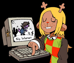 4_fingers anthro antlers black_background black_clothing black_shirt black_topwear blonde_hair brown_body buckteeth cactus checkered checkered_clothing checkered_sweater checkered_topwear clothed clothing computer computer_keyboard computer_monitor crt_monitor duo electronics eyes_closed female fingers freckles hair horn long_hair pattern_clothing pattern_sweater pattern_topwear plant purple_body red_nose shirt simple_background sweater sweater_vest teeth text topwear vest iluvrabbitz deltarune google google_chrome undertale_(series) dinosaur_(google_chrome) noelle_holiday susie_(deltarune) the_original_starwalker deer mammal new_world_deer reindeer scalie english_text