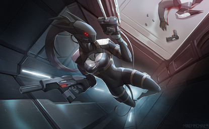 anthro biped blood bodily_fluids breasts claws clothed clothed_anthro clothed_female clothed_male clothing death duo female fingers front_view gun hair inside male navel ranged_weapon tail weapon mindmachine acrador canid canine canis jackal mammal 2026 digital_drawing_(artwork) digital_media_(artwork) hi_res