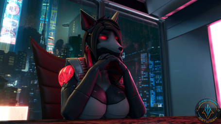 5_fingers anthro big_breasts black_hair black_nose bottomless breasts chair city city_background city_skyline cityscape clothed clothed_anthro clothed_female clothing cybernetics cyberpunk female fingers furniture grey_body grey_skin hair humanoid_hands inside jacket jacket_only leaning_on_table lights looking_at_viewer machine multicolored_body neon_lights night on_chair red_eyes short_hair sitting sitting_on_chair smile solo synthetic table topwear topwear_only white_body white_skin xpasha122x petruz_(modeler) amelia_(petruz) android canid canine canis cyborg jackal mammal robot 16:9 3d_(artwork) 4k absurd_res digital_media_(artwork) hi_res widescreen