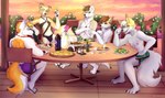 anthro beverage clothing dining_table eyewear food glasses group jewelry male necklace pizza round_table salad soda swimwear vacation zelionka daven_(dado463art) krank_(character) lang_(lang_the_woof) sabbyth scraps_(bigscraps) canid canine canis domestic_dog mammal wolf hi_res