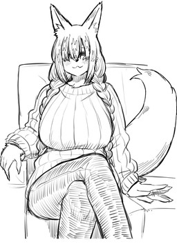anthro big_breasts blush blush_lines bottomwear breasts clothing crossed_legs female furniture huge_breasts pants pigtails sitting sofa solo sweater topwear yuuki_ray canid canine fox mammal monochrome sketch