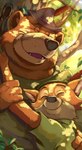 anthro brown_body brown_fur clothing cute_fangs duo eyes_closed fangs fur hat headgear headwear hug male outside overweight overweight_male plant shirt teeth topwear tree inubikko disney robin_hood_(disney) little_john robin_hood bear canid canine fox mammal red_fox true_fox 2019 2021